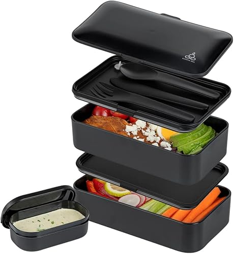 Bento Tek - Lonchera de Buda negra de 41 onzas, con utensilios, taza de salsa, 7 14 x 4 14 x 4 14 x 4 pulgadas, 1 caja