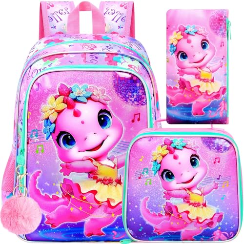 Image of CCJPX 3PCS Dinosaur Backpack for Girls, 16 Inch Kids Ballet Preschool School Backpacks with Lunch Box, Cute Ballet Water Resistant Bookbag with Elementary Toddler Travel