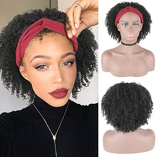 LEOSA Short Afro Kinky Curly Headband Wigs Synthetic Headband Wig Kinky Curly Afro Black Natural Headband Wig Scarf Wigs with Ice Silk Headbands Attached Headband Half Wigs for Women 8inch(1B)