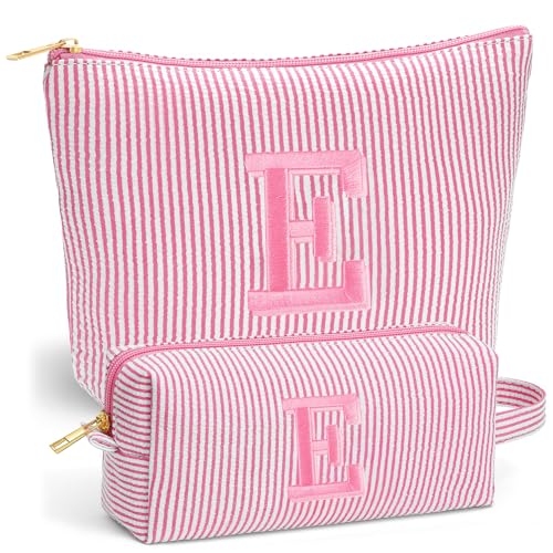 Fohufo Initial Makeup Bag Set - Cute Pink Stuff for Women Personalized Makeup Pouch Cosmetic Bag Travel Essentials Toiletry Bag Birthday Christmas Gifts for Women Stocking Stuffers Pink Letter E