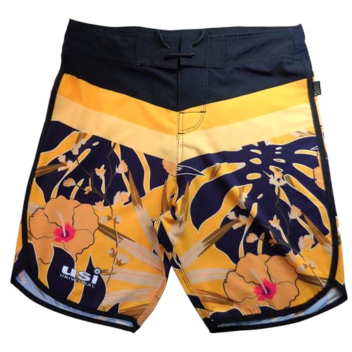 Image of USI Universal 411PA Aloha Physique Board Shorts, Polyester Fitness Shorts, Hook & Loop Fly, Drawstring Closure, Tailored Fit for Thin Waist & Muscular Thighs (in, Alpha, L, Gold /Black)