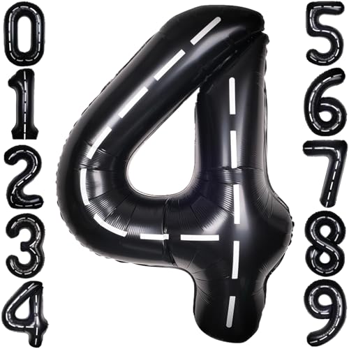 Image of Race Car 40 Inch Black 4 Big Large Helium Balloon Number 0-9 | Track Giant Digital 4th Foil Mylar Balloons for Men Birthday Car Theme Party Anniversary Graduation Decorations