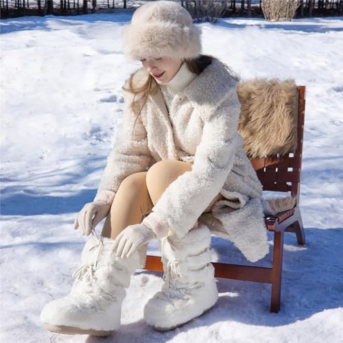 Fur Boots for Women, Furry Faux Fur Fuzzy Fluffy Women Snow Boots with Fur Lined Black White Pink Mid-Calf Winter Boots2
