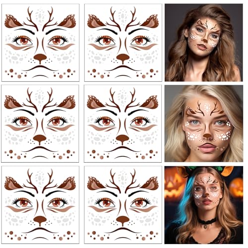 HOWAF 6 Sheets Halloween Deer Full Face Tattoos Reindeer Face Stickers for Adults Man or Women Halloween Deer Costume Accessories Elk Face Decals Fawn Horn Temporary Tattoos