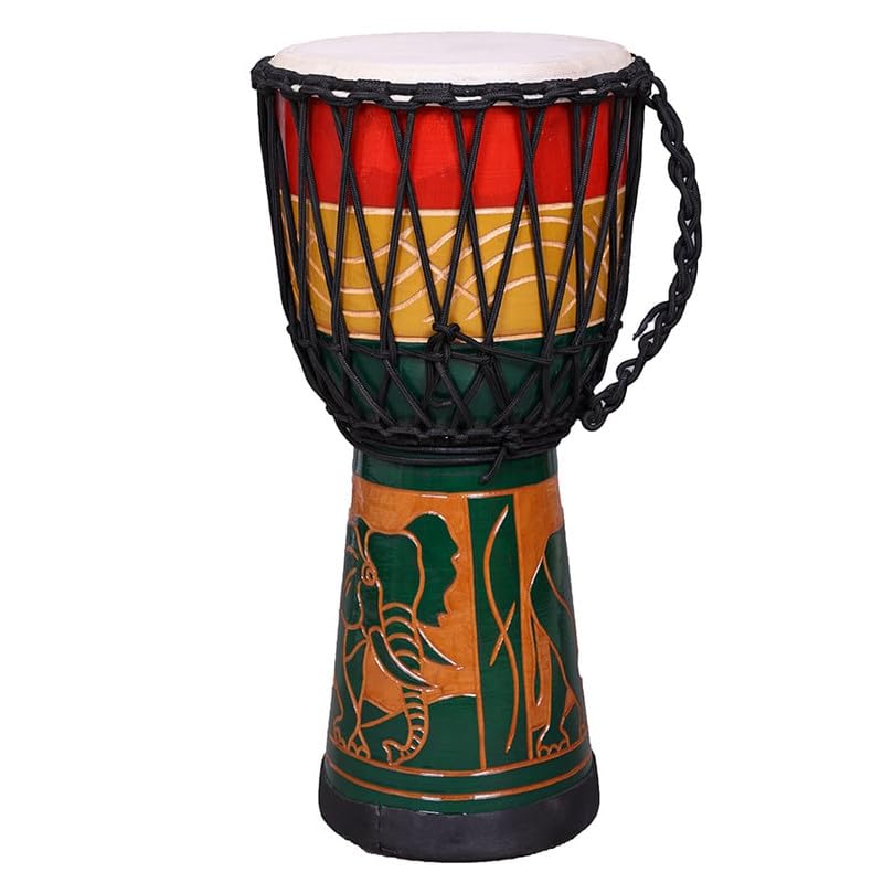 Image of StarJam Single Wood Shell Mahogany Wood Djembe Deep Carved Drum - 8 Inches Diameter X 16 Inches Height Musical Instrument with Bag - Elephant Carved Djembe