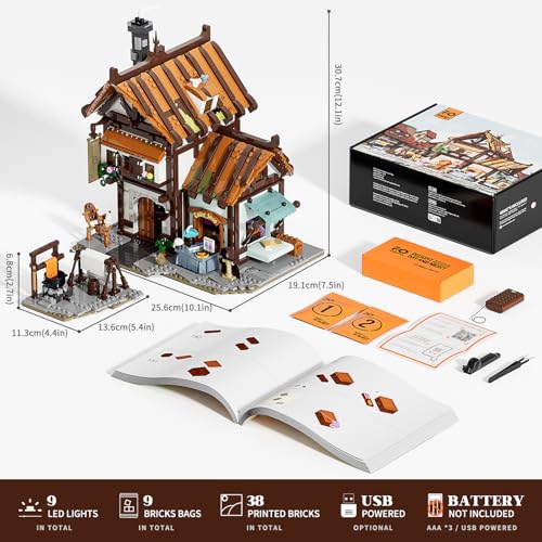 funwhole medieval tailor shop lighting building bricks set - middle ages city town tailoring studio multi-form modular collection kit 1994 pcs for adults amp teens