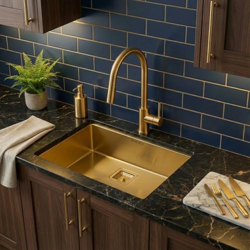 Image of EVANEX Handmade Single Bowl Kitchen Sink - 24x18x10 inch|304 Stainless Steel Sink with Matte Finish| Golden Kitchen Sink With Coupling, Waste Pipe & Vegetable Washing Basket|Sink for Kitchen Basin