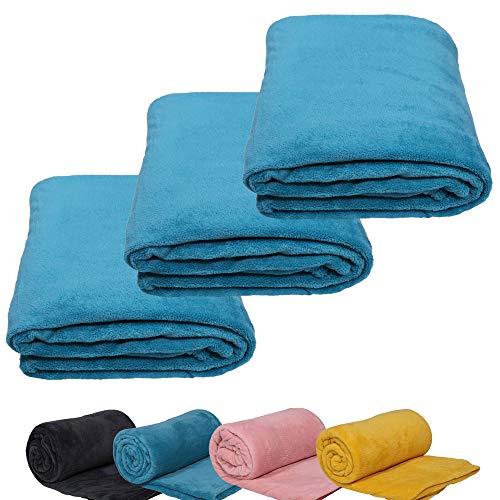 DILUMA Set de 3 Mantas Coral Fleece - Manta Suave, Ligera y acogedora - Manta para sofá, Cama, terraza, Color:Turquesa, Talla:150 x 200 cm