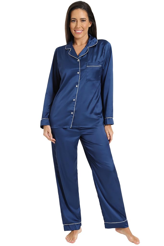 Thepyjamafactory Women's Blue Satin Long Pyjama Set Summer Two Piece Pyjamas For Silk Pjs (6-8)
