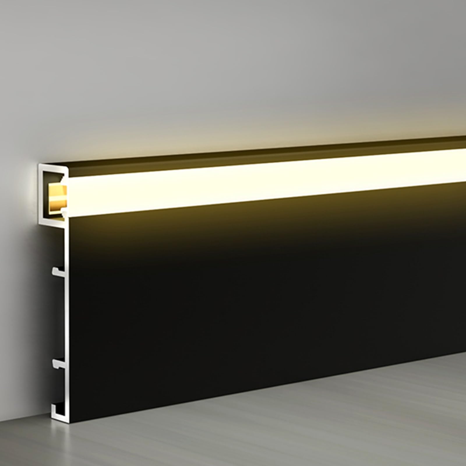 Aluminum Led Skirting Baseboard, 2in High Light Strip Diffuser Channel w/Lampahade for Home Living Room Bedroom Kitchen, Wall Base Molding Trim(Black,L 9M/29.5fT)