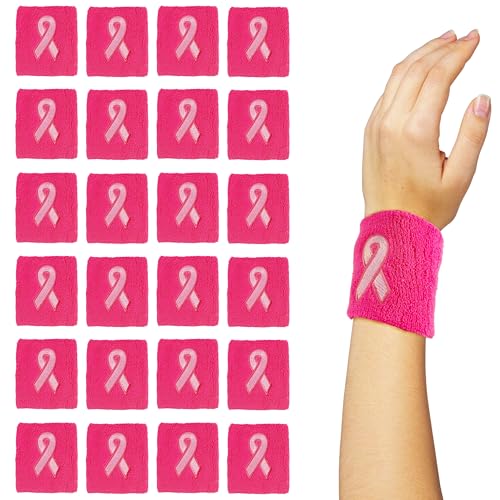 24 Pack Breast Cancer Awareness Wristbands Pink Ribbon Sports Sweatband Men Women Bulk (Pink Ribbon (24 Pack))