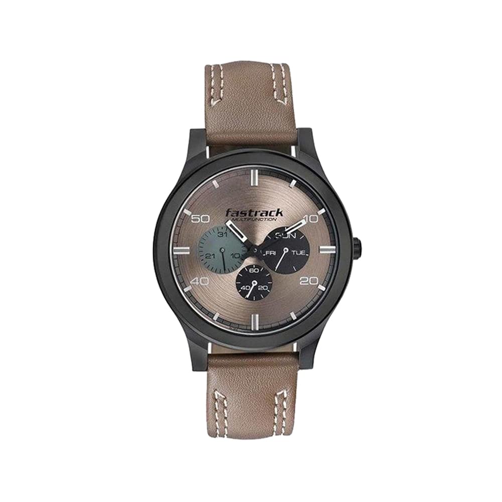 Fastrack Men Dial It Up Quartz Multifunction Beige Dial Leather Strap Watch for Guys-NS3252NL01 (B09V2LWKY2) Amazon Price History, Amazon Price Tracker