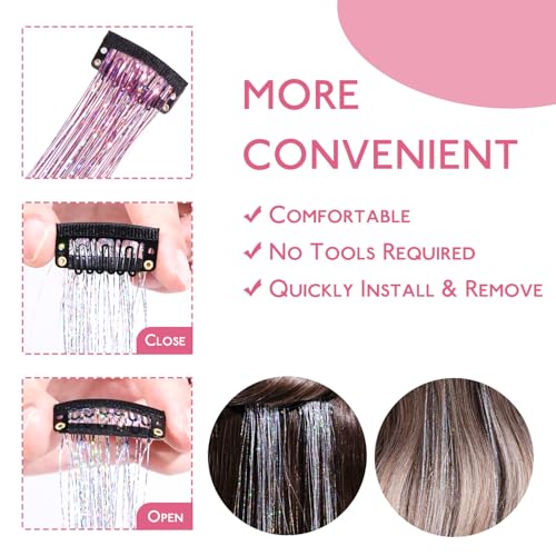 Image of WENNALIFE Hair Tinsel kit for Girls, Clip in Pink, 12PCS 24 Inch Hair Accessories for Women Clip in Colorful Glitter Tinsel Hair Fairy Girls Hair Accessories for Kids