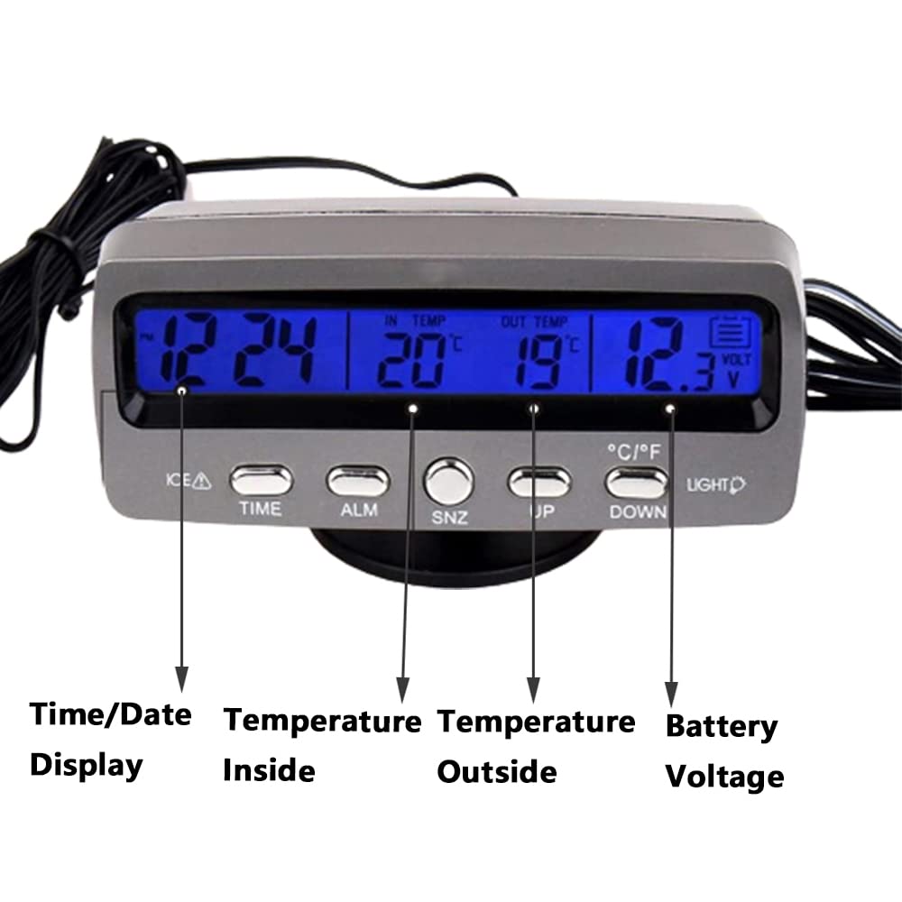 Baceyong Car Thermomètre Voltmeter Horloge Monitor, Multifonctionnel, LCD Numérique, Noir, -10°C à 50°C, Alimenté par Pile
