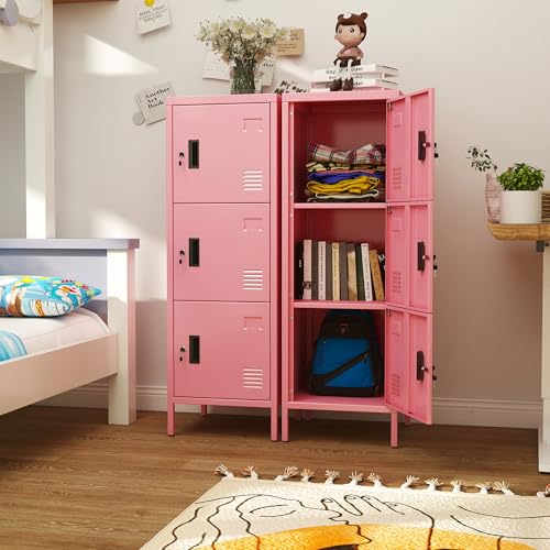 Image of Aobabo Metal Locker, 16 inch W 3 Door Metal Storage Lockers for Employees with Lock and Name Card Holder for School, Home, Office, Playroom, Assembly Required, Pink