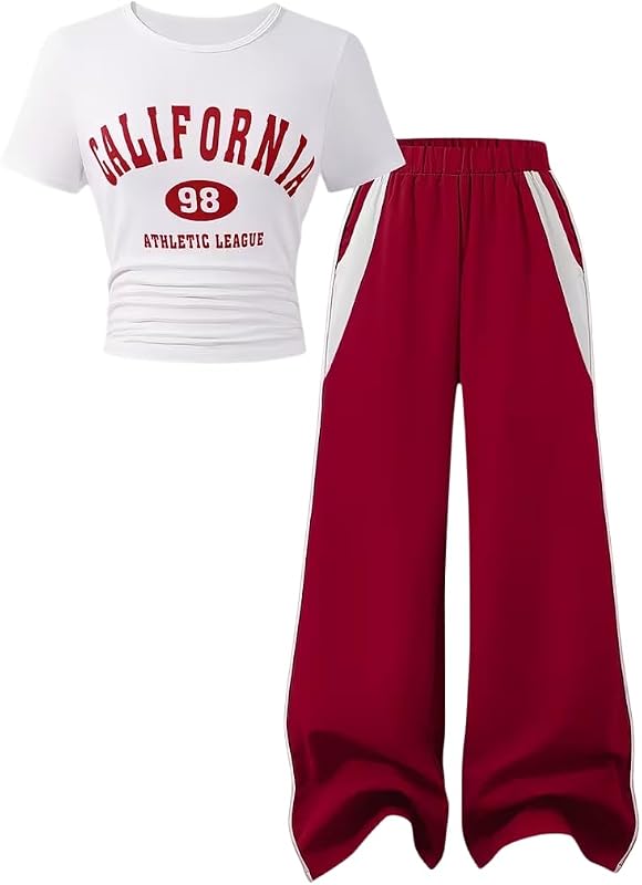 Girls 2 Piece Outfits Short Sleeve Letter Print Top＋Wide Leg Pants with Pockets Summer Clothing Set Sizes 8-15 Years