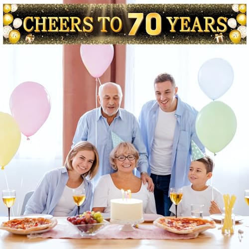 Image of TZSS Black & Gold 70th Birthday Banner Decorations - Extra Large 118 inchx20 inch Reusable Yard Sign for Men & Women, Over The Hill Party Decor Indoor Outdoor, Platinum Jubilee Celebration