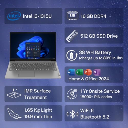 Image of Lenovo V15 Intel Core i3 13th Gen (16GB RAM /512GB SSD /Windows 11 Home /Office 2024 /Iron Grey) 15.6 inch FHD (1920x1080) Antiglare 250 Nits Thin & Light Laptop /1Y Onsite /1.65 kg, 83CCA08KIN