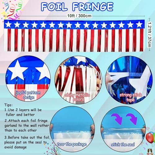 Image of 4 Pack 39Ft 4th of July Parade Floats for Trailer Car, Flag Stripes and Stars Foil Fringe Garland Tinsel Streamers Banner Table Skirts for 4th of July Graduation Homecoming Birthday Party (Star)