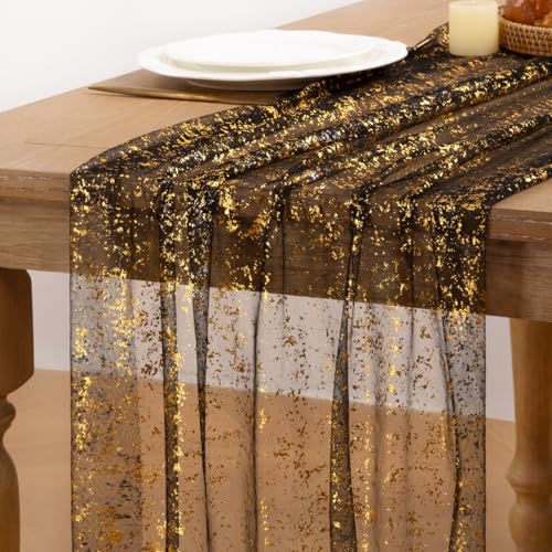 Image of MLMC 3Pcs Black Gold Table Runner Sheer Gauze Glitter Metallic Foil Tulle Table Centerpieces 120 Inch 10 FT for Wedding Anniversary Holiday Dining Home Party Table Decor