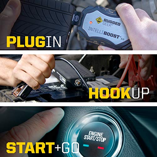 RUGGED GEEK RG1200 Safety Plus 1200A Portable Car Jump Starter with Wireless Charging, Type-C Ports and 12V Air Compressor/Pump. LED Display, INTELLIBOOST 2.0 Safety Cables, LED Flashlight, USB Ports.