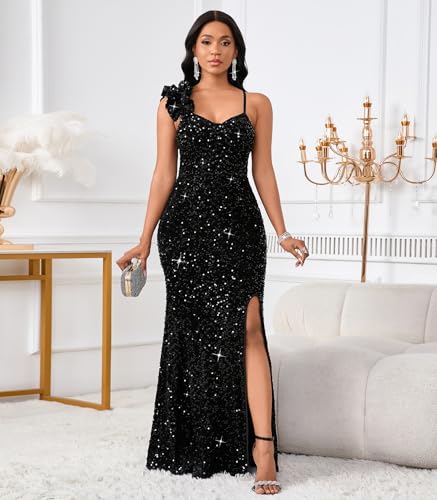 Cololura Women Sexy Elegant Sequin High Split Ruffled Hem Mermaid Party Cocktail Bodycon Formal Evening Gowns Maxi Dress3