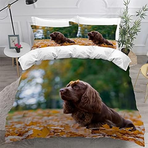 AOLIGL Bedding Single Bed Brown Small Sussex Spaniel Duvet Cover Set Kids Girls Teens Boys Single Bedding Set with 2 Pillow Cases Hypoallergenic Bedding Single Duvet Cover Set Dog Cover