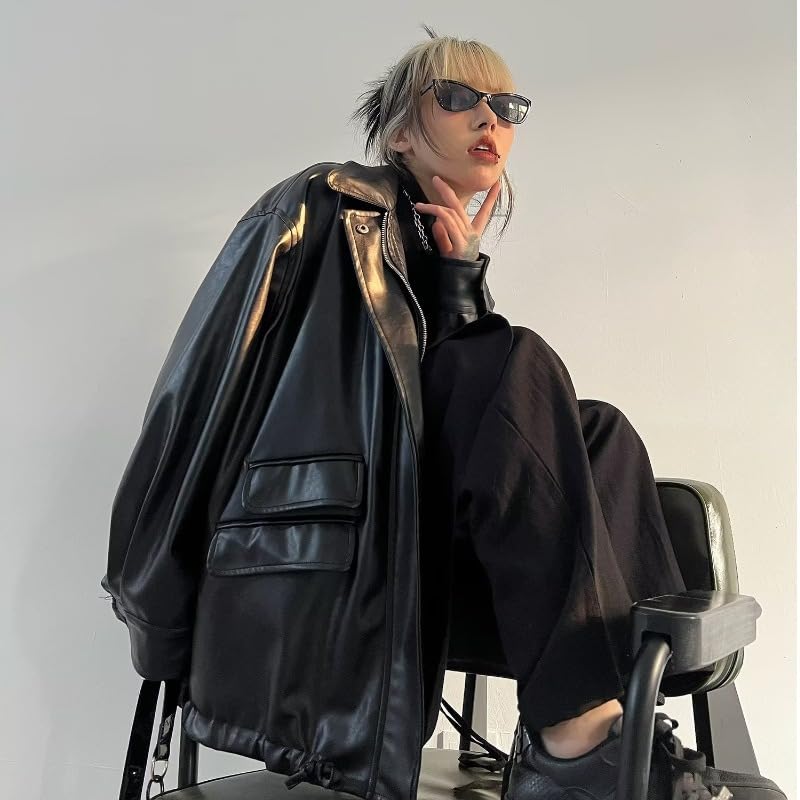 Y2K Faux Leather Jacket Women Dark Academia Oversized Leather Jacket Harajuku Grunge Motorcycle Jacket Punk Coat3