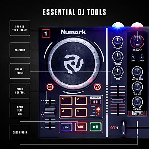 Numark Party Mix | Complete DJ Controller Set for Serato DJ with 2 Decks, Party Lights, Headphone Output, Performance Pads and Crossfader / Mixer