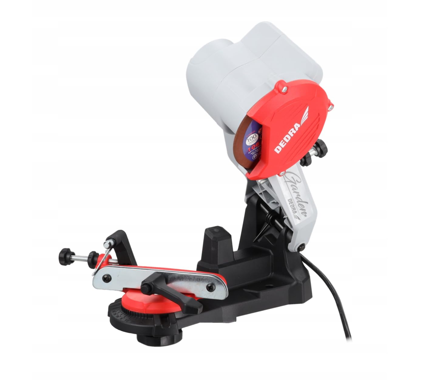 Afilador de cadena 85 W Dedra DED8660, 230 V/50 Hz, 5800 rpm, base giratoria, dirección de rotación del motor unilateral, ángulo ajustable y profundidad de nitidez