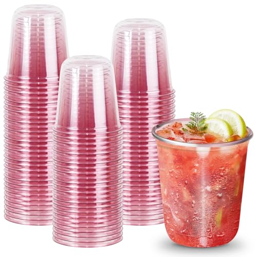 Xlong - Xlong 50 PCs Cute Pink Plastic Juice Cups,Disposable Round Bottom Plastic Cups,Stemless Wine Glasses for Cocktail,Cold Drinks,Boba Tea,Smoothie,Baby Shower,Pink Party Supplies (12 Oz)