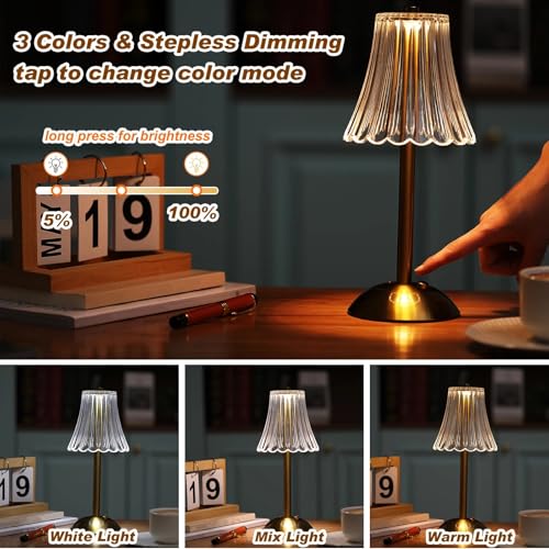 Image of Liliful 30 Pcs Cordless Table Lamp Rechargeable Touch LED Small Gold Portable Battery Operated USB-c Desk Lamp 3 Color Dimmable for Bedroom Living Room Dining (Gold,Rose Style)