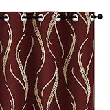 Yakamok Blackout Curtains 84 inch Length Living Room Thermal Insulated Gold Wave Line Dots Pattern Curtains Room Darkening Grommet Curtains for Bedroom, Burgundy, W52 x L84-inch, 2 Panels