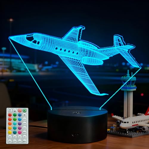 Image of Plane Night Light, Airplane Gifts for Boy, 3D Night Light with Remote Control, 16 Colors Changing, RGB Flashing Mode and Dimmable, Pilot Gifts for Boys Christmas Decor