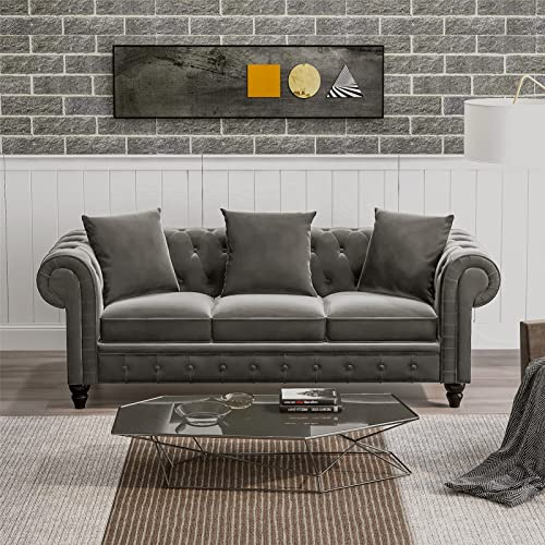 Conjunto de sofá Chesterfield com botão tufado de veludo estofado com encosto baixo e braço de rolo de sofá de 3 lugares clássico, pernas de madeira para espaços pequenos, apartamento, dormitório,