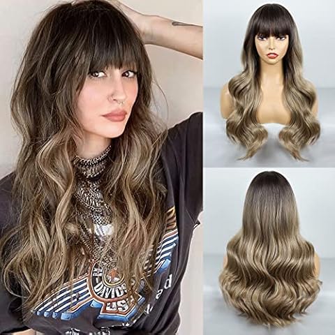 BOGSEA Wig with Bangs Ombre Dark Blonde Long Wavy Wigs for Women Synthetic Heat Resistant Wigs for Daily Party (Dark Ashy Blonde Ombre) Cover