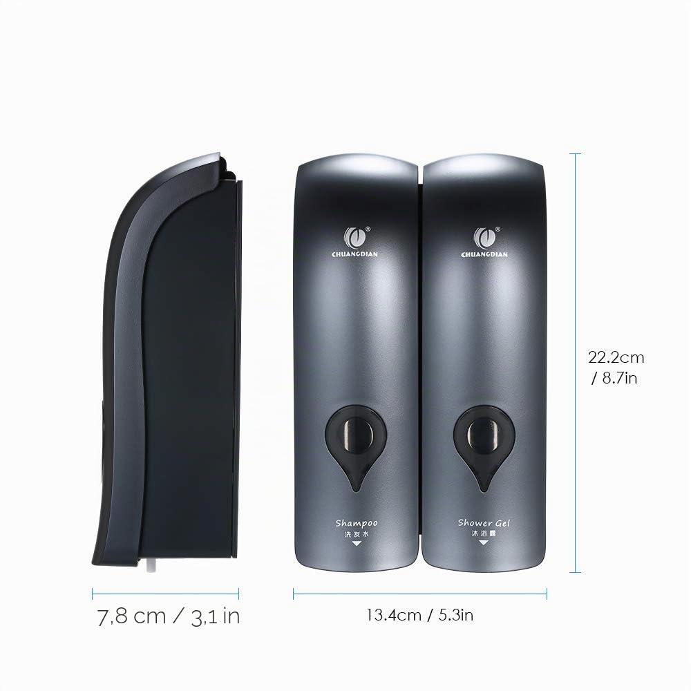 Decdeal 1 300ML x2 Manuale Dispenser di Sapone, Bagno Doccia Gel Shampoo Liquido Disinfettante Distributore di Dispenser,Senza Foratura（Grigio）