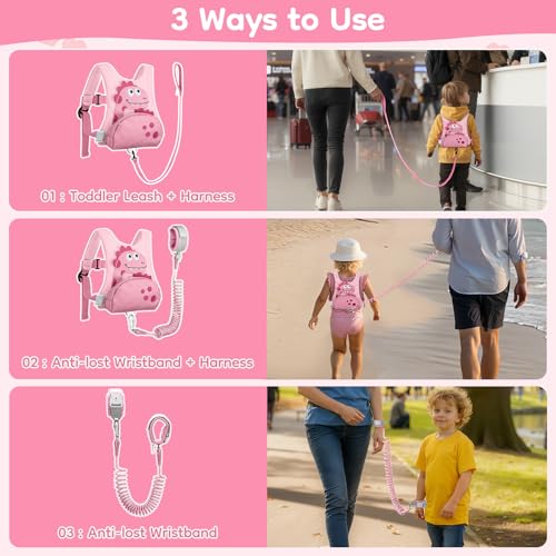 Image of Dr.meter 3 in 1 Toddler Harness Leash with Key Lock for Boys Girls | Cute Dinosaur Kids Anti Lost Leash + 8.2ft Anti Lost Wrist Link Child Walking Harness Keep Kids Close, Travel Essensials