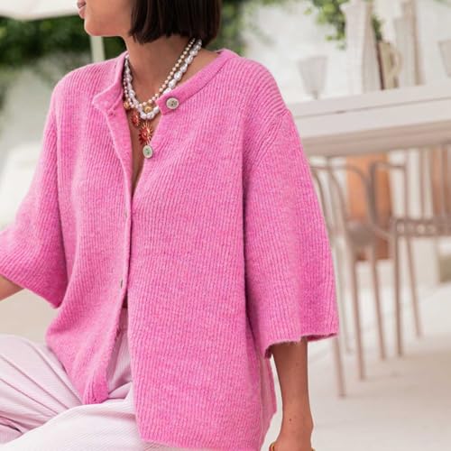 Image of Women Lightweight Knitted Cropped Cardigan Shirt Short Sleeve Button Down Sweater Y2k Open Front Loose Ribbed Shirt