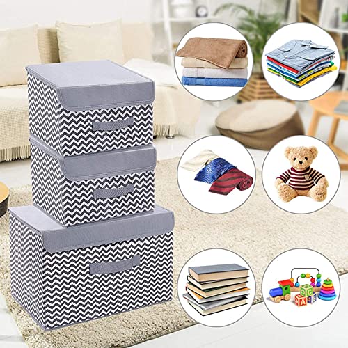 Image of PRANIJ 3 Set Foldable Storage Box Organiser with Lid, Versatile Storage Basket Bins for Wardrobe, Clothes, Toys, Books, and Other Supplies, 1 Large & 2 Small (Wave - Grey)