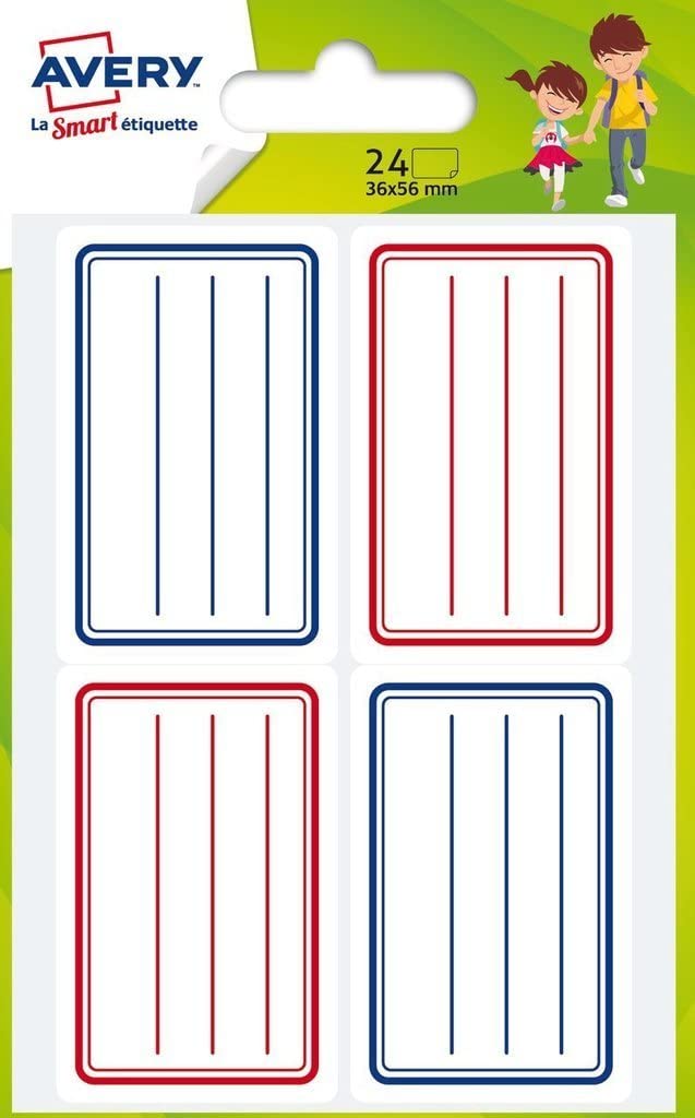 Avery bolsita de 24 etiquetas escolares – 36 x 56 mm – azul y rojo (ecol24)