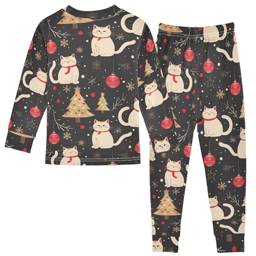 Fustylead Cute Xmas Cats and Fir Tree Decor Balls Pajamas Cotton Sleepover PJ Set Long Sleeve Lounge Wear2