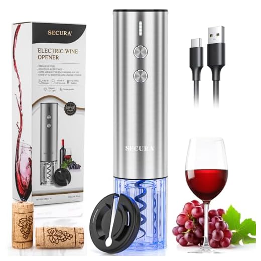 Secura Stainless Steel Electric Wine Opener, Rechargeable Automatic Home Wine Bottle Opener with Foil Cutter & Charging Cable, Reusable Corkscrew Wine Opener Electric for Wine Lovers, Silver