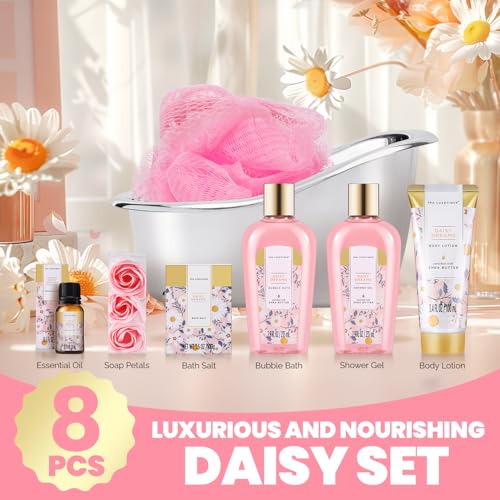 Image of Self Care Gifts for Women, Spa Luxetique 8pcs Daisy Bath and Body Gift Baskets for Her, Bath Set with Bubble Bath, Lotion, Christmas Gifts for Mom