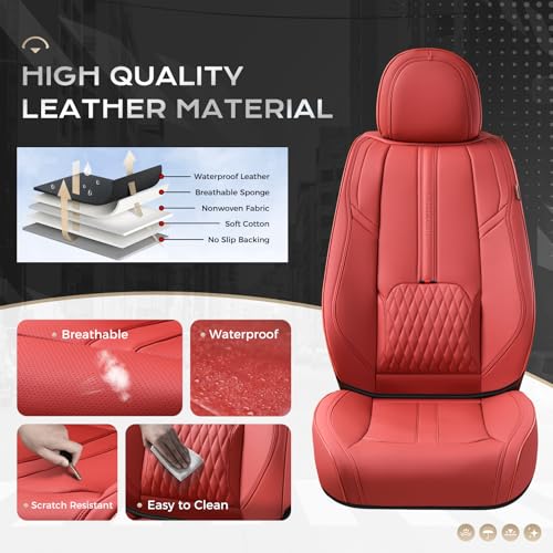 Image of Coverado Front and Back Seat Covers, Red Seat Cover for Cars, Luxury Leather Seat Cover with Lumbar Support, Waterproof Car Seat Cushions Car Seat Protectors Universal Fit for Most Cars SUV Trucks