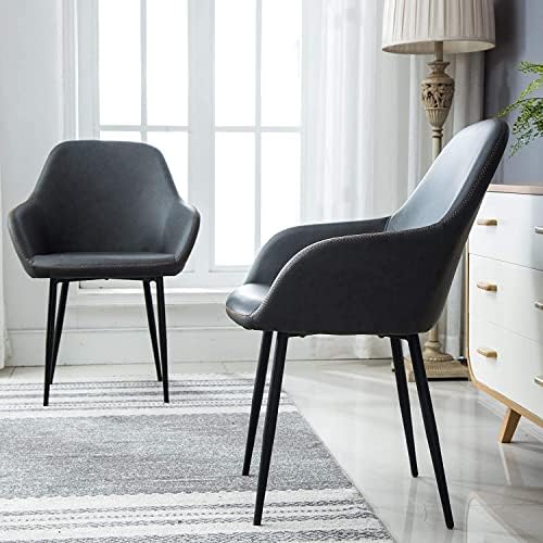 glitzhome Mid-Century Dining Chairs Set of 2 with Arm Leatherette Seat Metal Legs Living Room Bedroom Kitchen Modern Furniture, Navy Blue