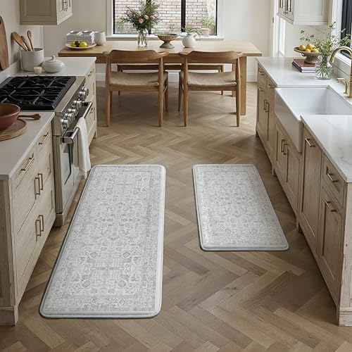 Kitchen Mats 2PCS Anti Fatigue Cushioned Mat Gray Vintage Kitchen Mats for Floor Waterproof Non Slip Comfort Standing Grey Retro Floral Rug for Sink Laundry Office 17.3"x47"+17.3"x30" Accent