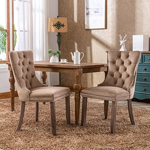 Image of Virabit Velvet Dining Chairs Set of 4, Tufted Upholstered Dining Chairs with Nailhead Back and Ring Pull Trim, Solid Wood Dining Chairs for Kitchen /Bedroom /Dining Room (Khaki)