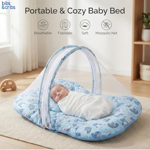 Image of Bibs & cribs Baby Bedding Set for New Born Mosquito Net for Newborn Infant 0 to 12 Months Soft Travel Sleeping Baby Bed Mattress with Pillow Portable Baby Nest for Boys and Girls
