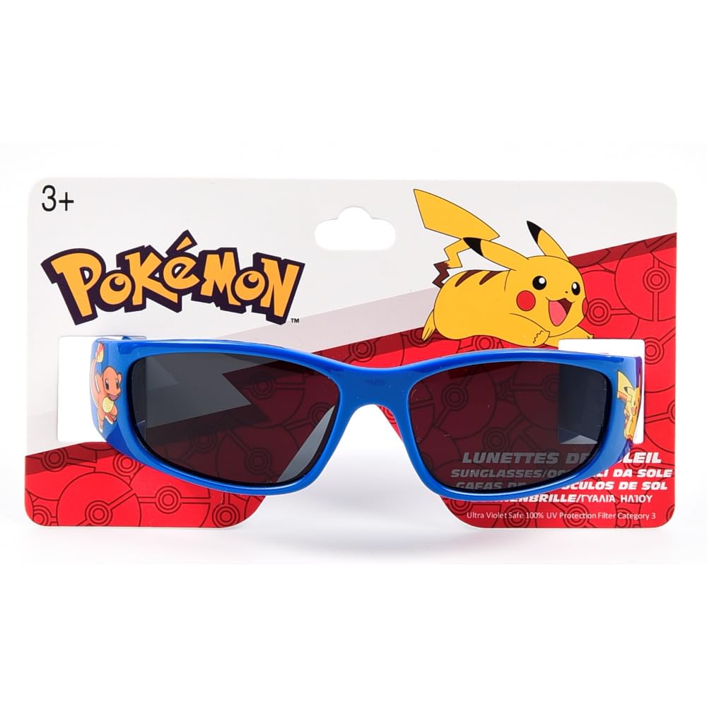 CARTOON Lunettes de soleil sport pour enfant Pikachu Bulbasaur & Squirtle UV400 Cat.3 verres acryliques monture polycarbonate bleu enveloppant idée cadeau Pokémon